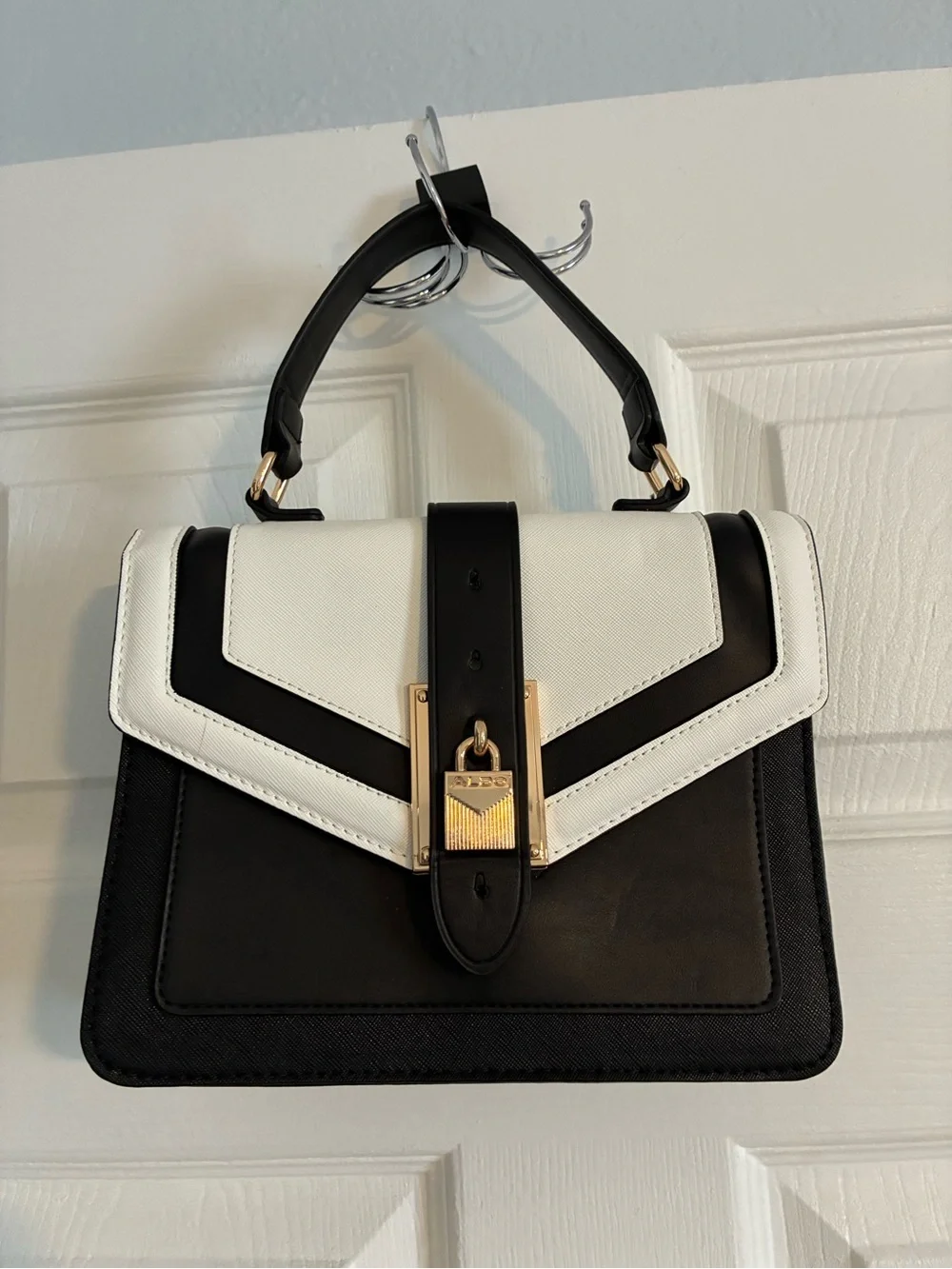 Aldo Black and White Top-Handle Satchel with Gold Lock
